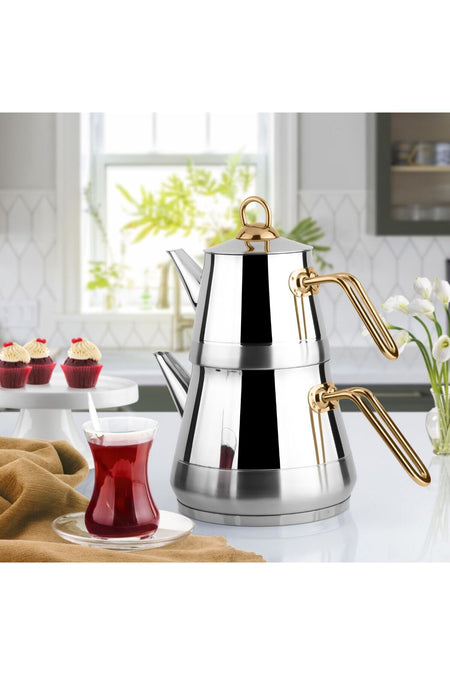 Lines Pyramid Gold Handle Stainless Steel Teapot Family Size 1.50 Lt infuser 3 Lt Water Jug - MALLTURK