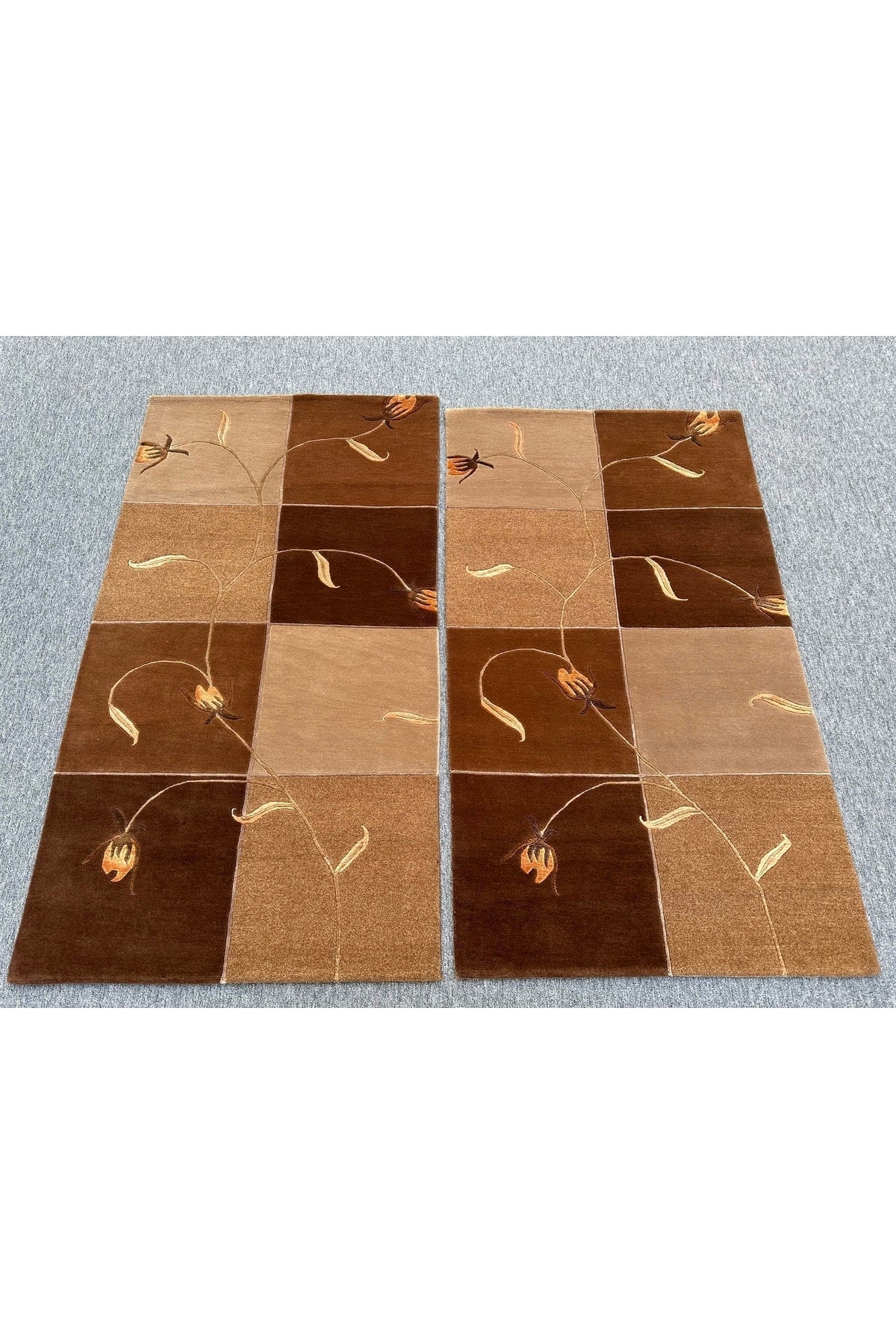 BURAK Rug Hand-Woven Pair Nepal Rug Wool and Silk Cream Brown Set Rug ! - MALLTURK