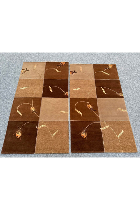 BURAK Rug Hand-Woven Pair Nepal Rug Wool and Silk Cream Brown Set Rug ! - MALLTURK