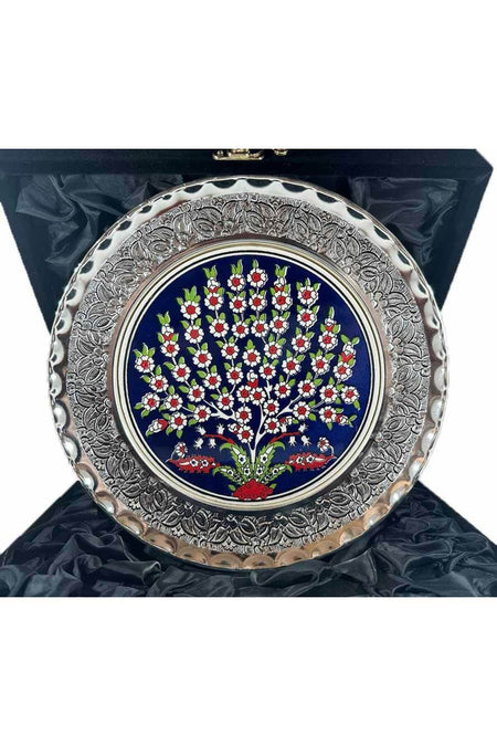 Cini Evi Blue Background Tree of Life Silver Plate 25cm - MALLTURK