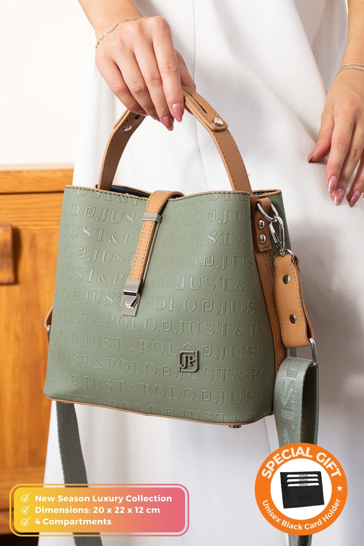 Just Polo Original Women's New Season 4-Compartment Luxury Soft Leather Crossbody Shoulder Bag with Lock Detail Green - MALLTURK