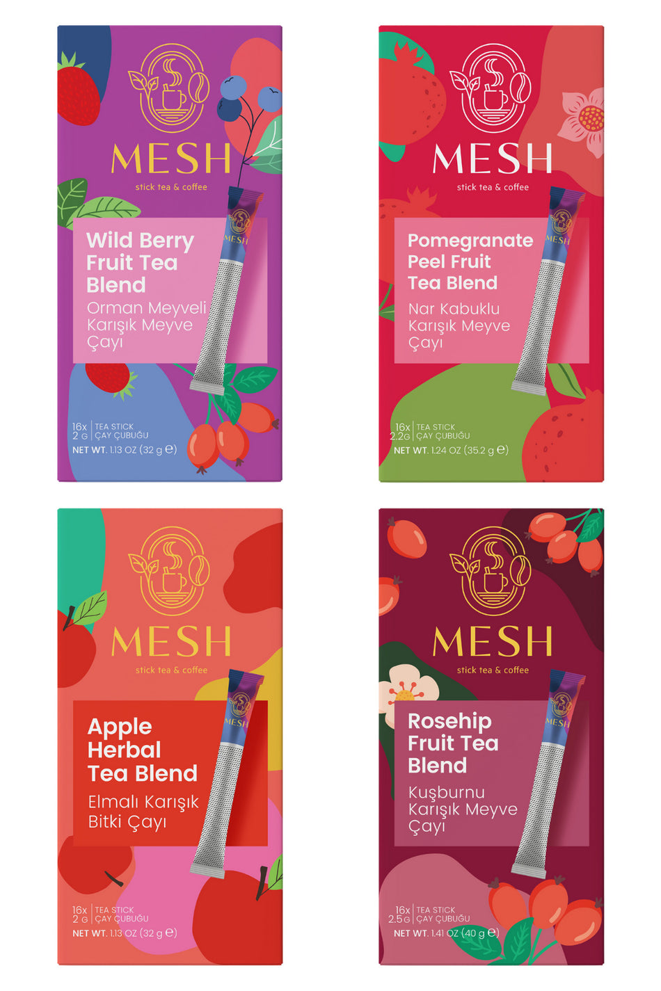 Mesh Stick Gourmet Fruit Tea Set (4-pack) - Apple, Berries, Pomegranate, and Rosehip Tea