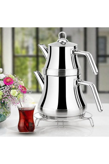 Lines Naz Stainless Steel Teapot with Built-in Strainer, Silver Metal Handle, Medium Size, Stylish Modern Design, Teapot 0.75 lt, Water Jug 1.75 lt - MALLTURK