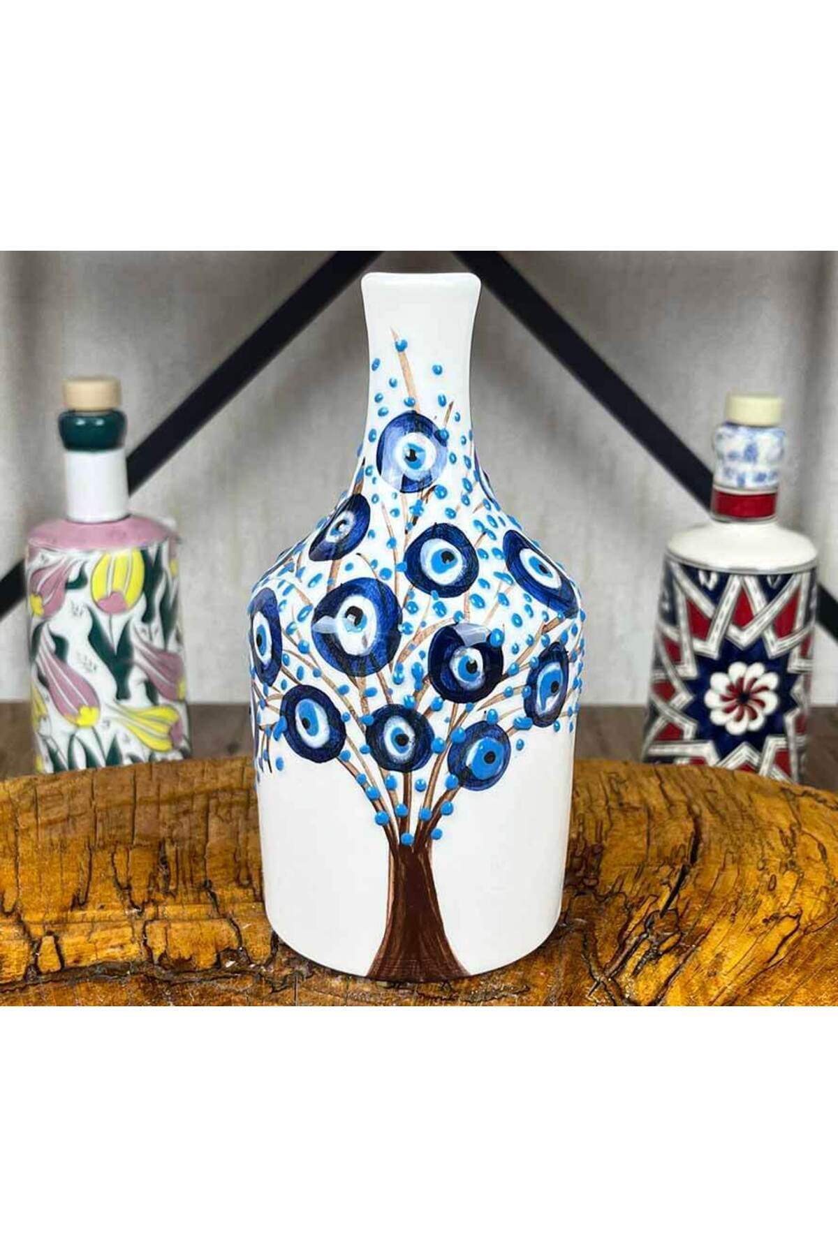 Cini Evi Evil Eye Boncuklu Tree of Life Patterned Handmade Olive Oil Bottle 410 ml - MALLTURK