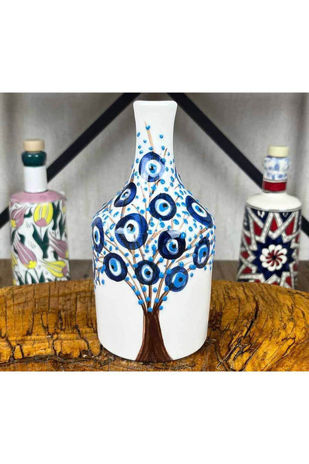 Cini Evi Evil Eye Boncuklu Tree of Life Patterned Handmade Olive Oil Bottle 410 ml - MALLTURK