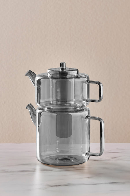 Karaca Flat Borosilicate Glass Midi Teapot Smoke Grey - MALLTURK
