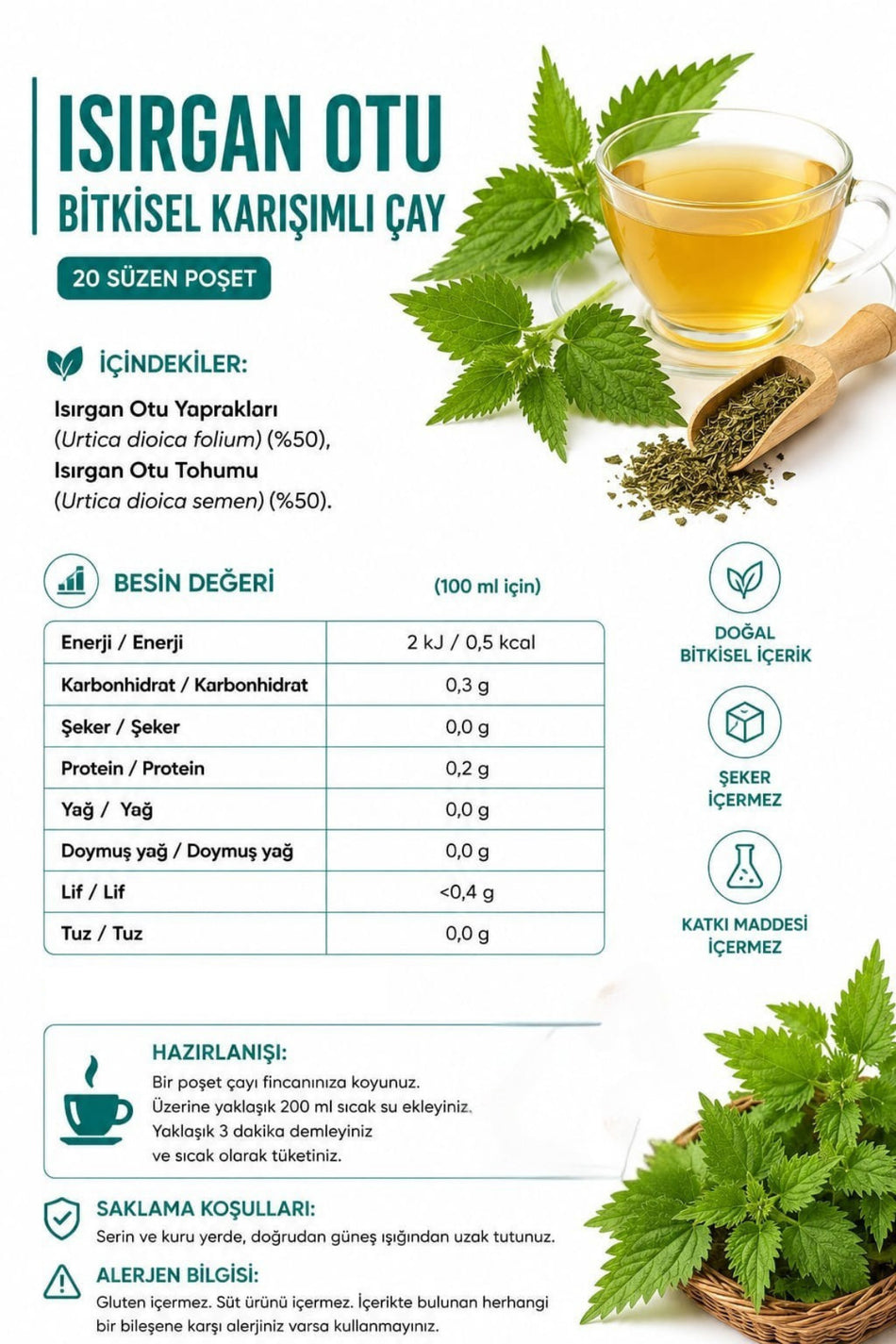 Nursima Nettle Herbal Tea, 20 Filter Bags