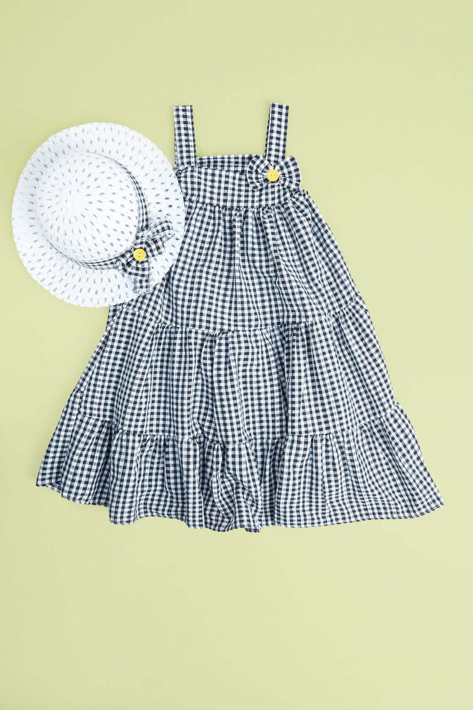 Gingham Patterned Hat and Strap Girls' Dress