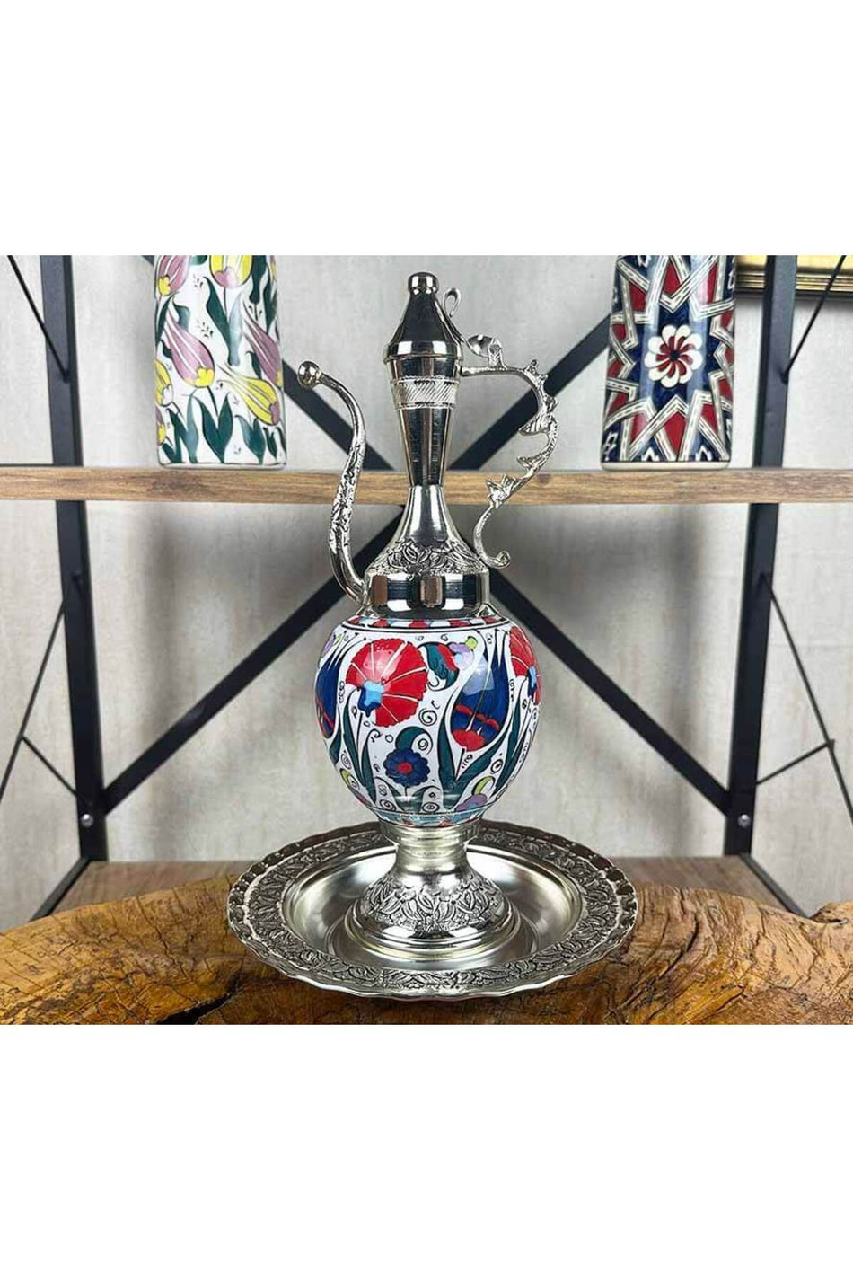 Cini Evi Iznik Flowers Silver-Plated Tile Ewer Set - MALLTURK