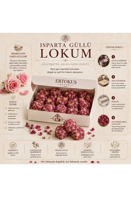 Ertokus Efendi isparta Dried Rose Petal Turkish Delight 250gr Double Roasted 100 Beet Sugar - MALLTURK