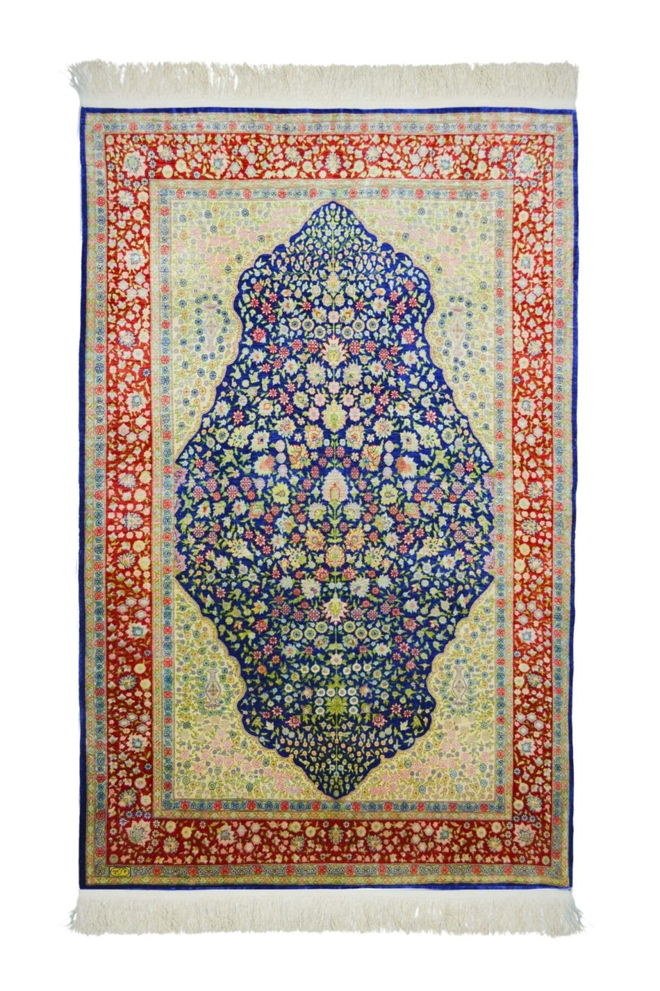 Handmade Pure Silk Hand-Woven Cesmi Bulbul Pattern Hereke Rug 108x164 cm (1.77 m2)