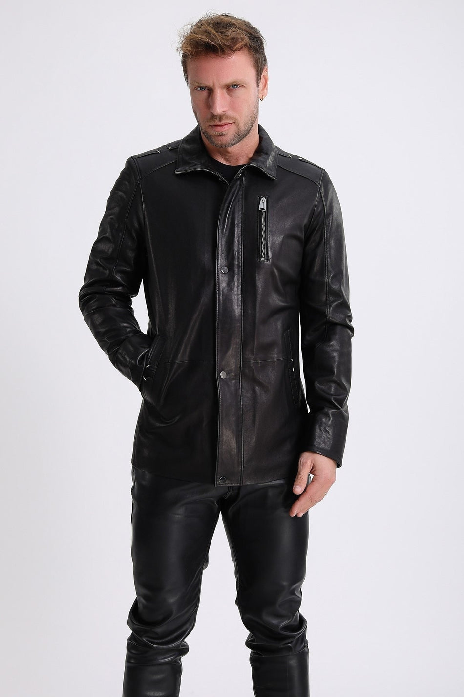 Manteau en cuir végétal Leather Club avec détails de surpiqûres noires