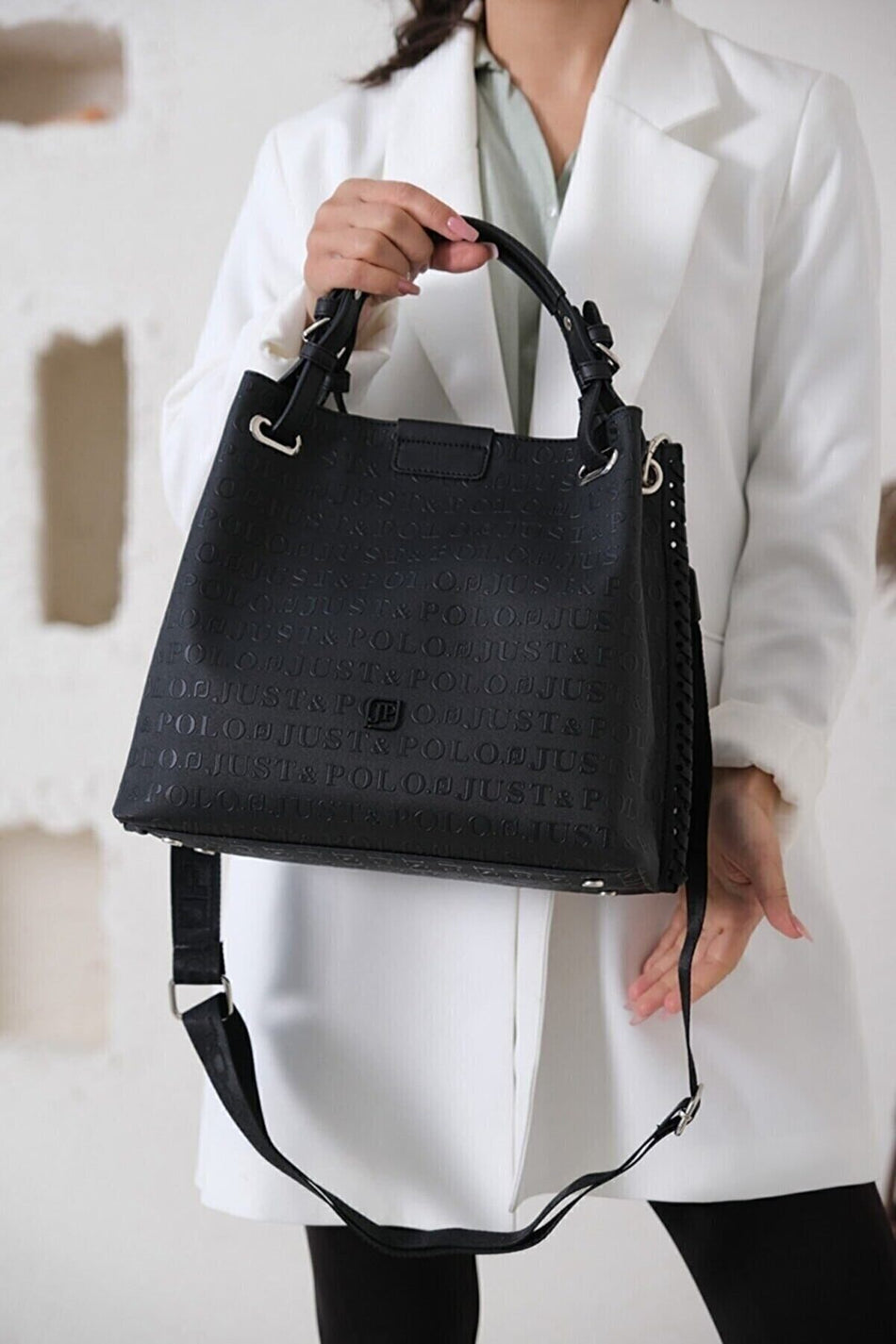 Just Polo Black Women's Embossed Pattern Magnetic Snap Closure Handbag with Shoulder Strap - MALLTURK