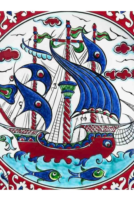 Cini Evi Red Bordurlu Galleon Patterned Iznik Tile Plate Kurumsal and Protocol Gift - MALLTURK