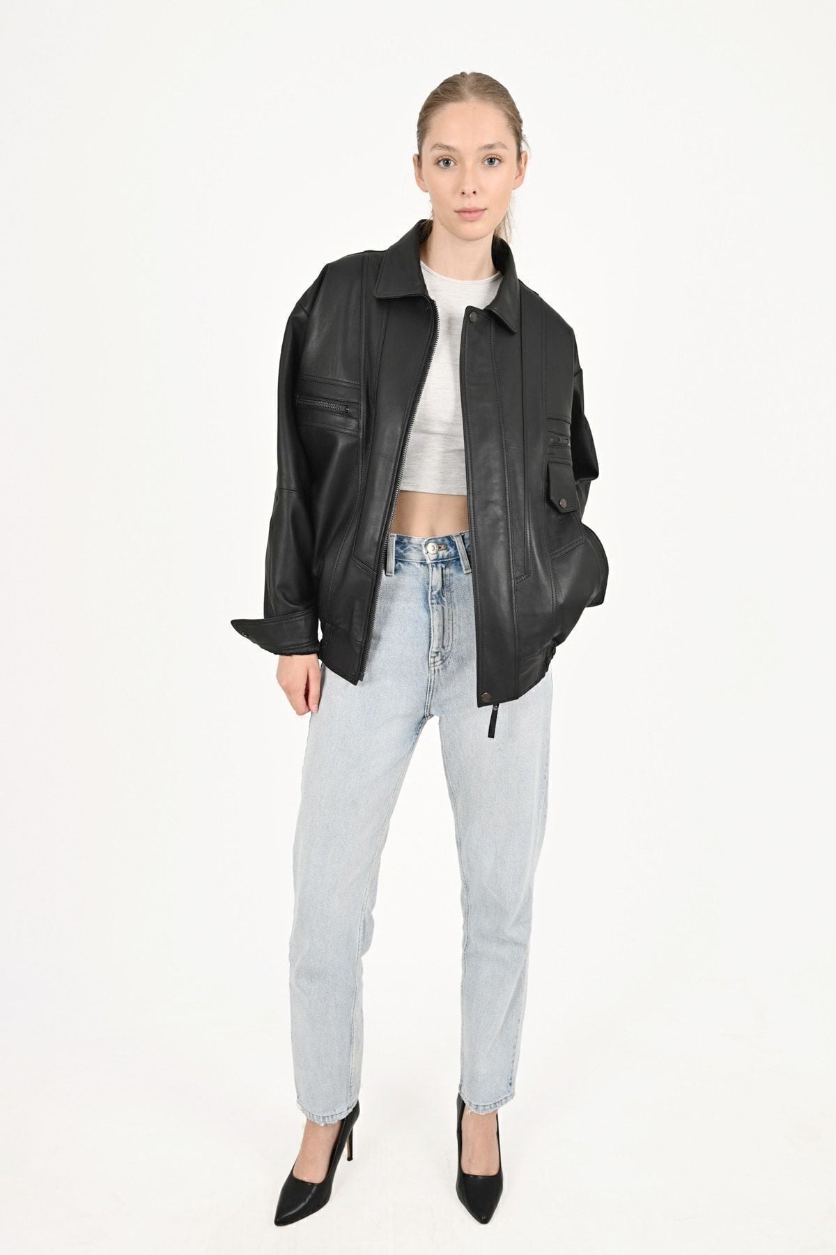 ALIN Beirut Women's Genuine Leather Oversize Jacket Black - MALLTURK