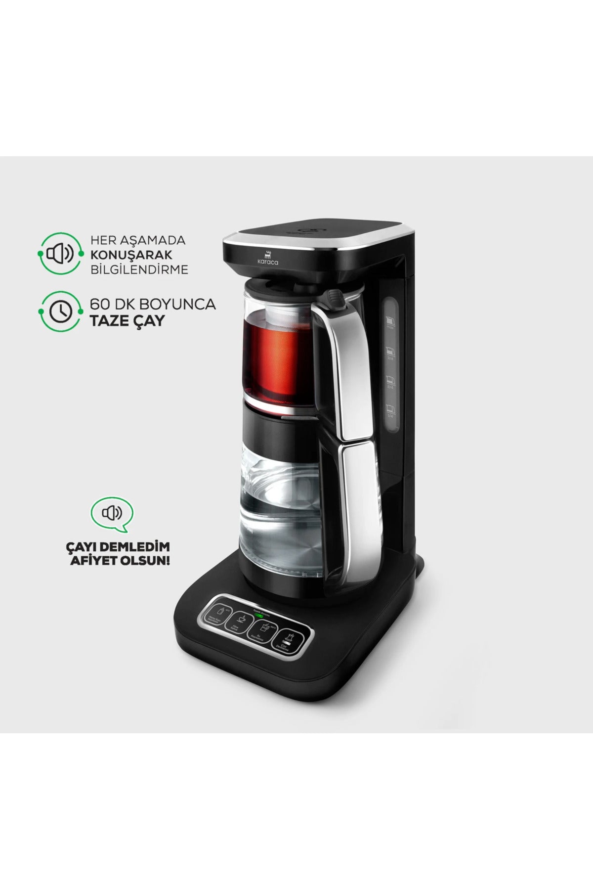 Karaca Tea Lover Robotea Pro 4 in 1 Talking Automatic Glass Tea Maker Water Heater 2500W Black Chrome - MALLTURK