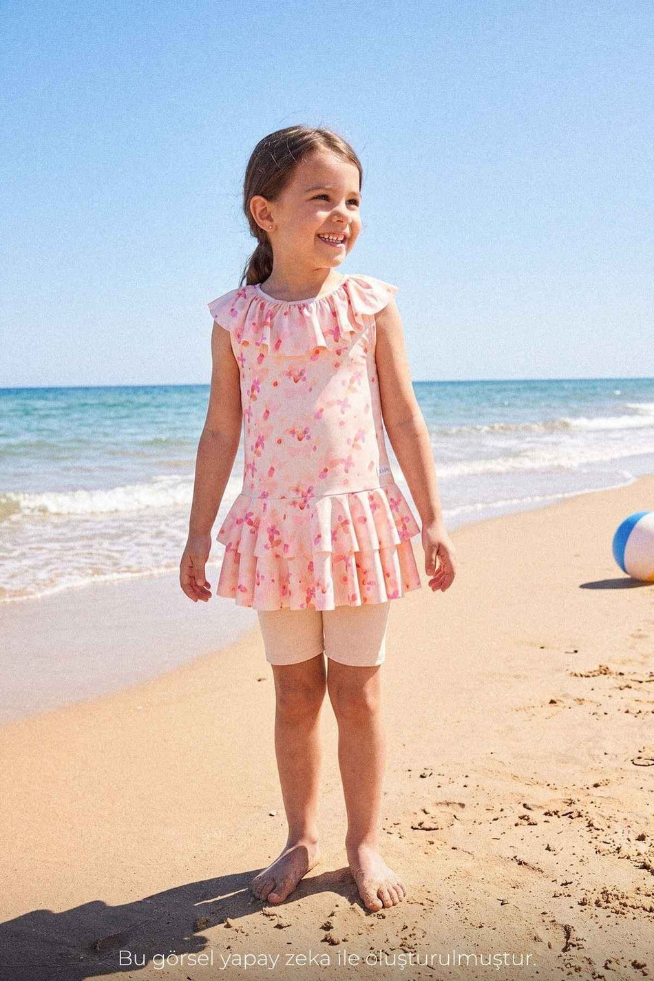 Hasema Floral Patterned Beige 3-Piece Girls' Swimsuit Set 7002