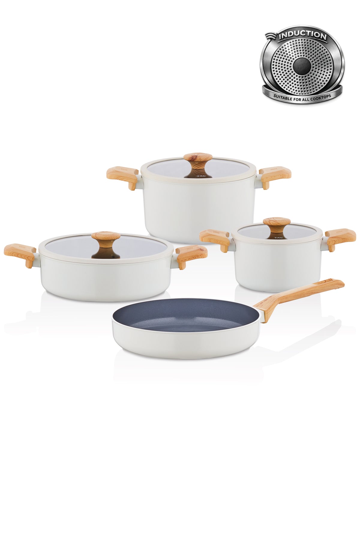 Tac Sera Feel Induction Compatible 7 Piece Ceramic Cookware Set Ahsap Kulplu, Nonstick, Modern Tasarim - MALLTURK