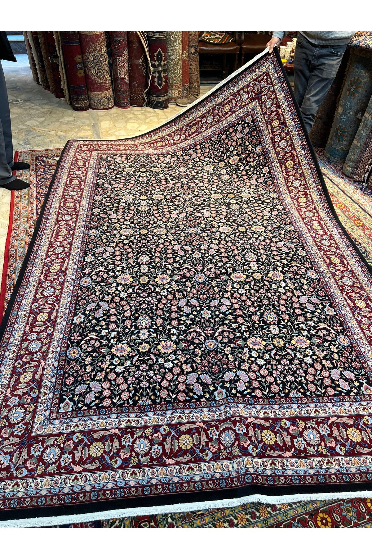 RD RAMAZAN DAG Hand Rug Art Hand-Woven Hereke Rug Signed Seven Mountains Flower Premium Quality Black Color Size 296x200 - MALLTURK