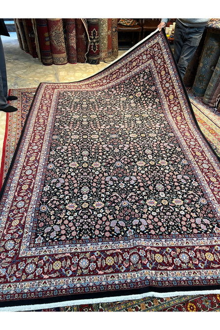 RD RAMAZAN DAG Hand Rug Art Hand-Woven Hereke Rug Signed Seven Mountains Flower Premium Quality Black Color Size 296x200 - MALLTURK