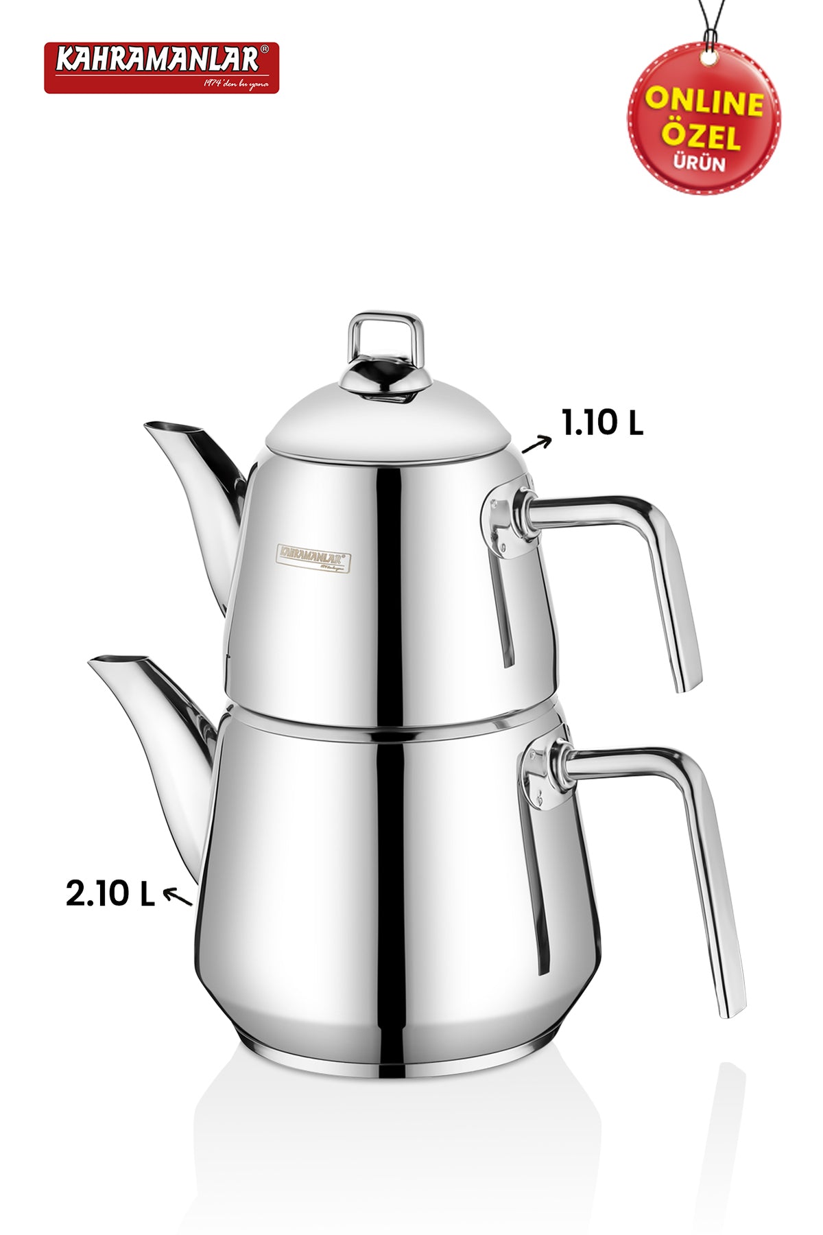 Kahramanlar Milano Medium Size Teapot Set Stainless Steel with Steam Lid Platinum - MALLTURK