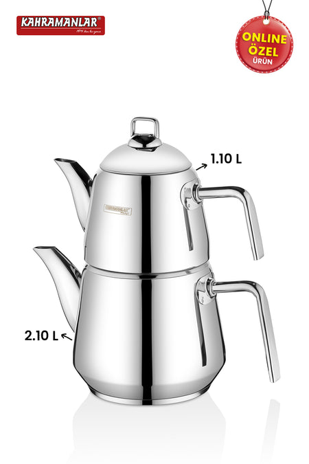 Kahramanlar Milano Medium Size Teapot Set Stainless Steel with Steam Lid Platinum - MALLTURK