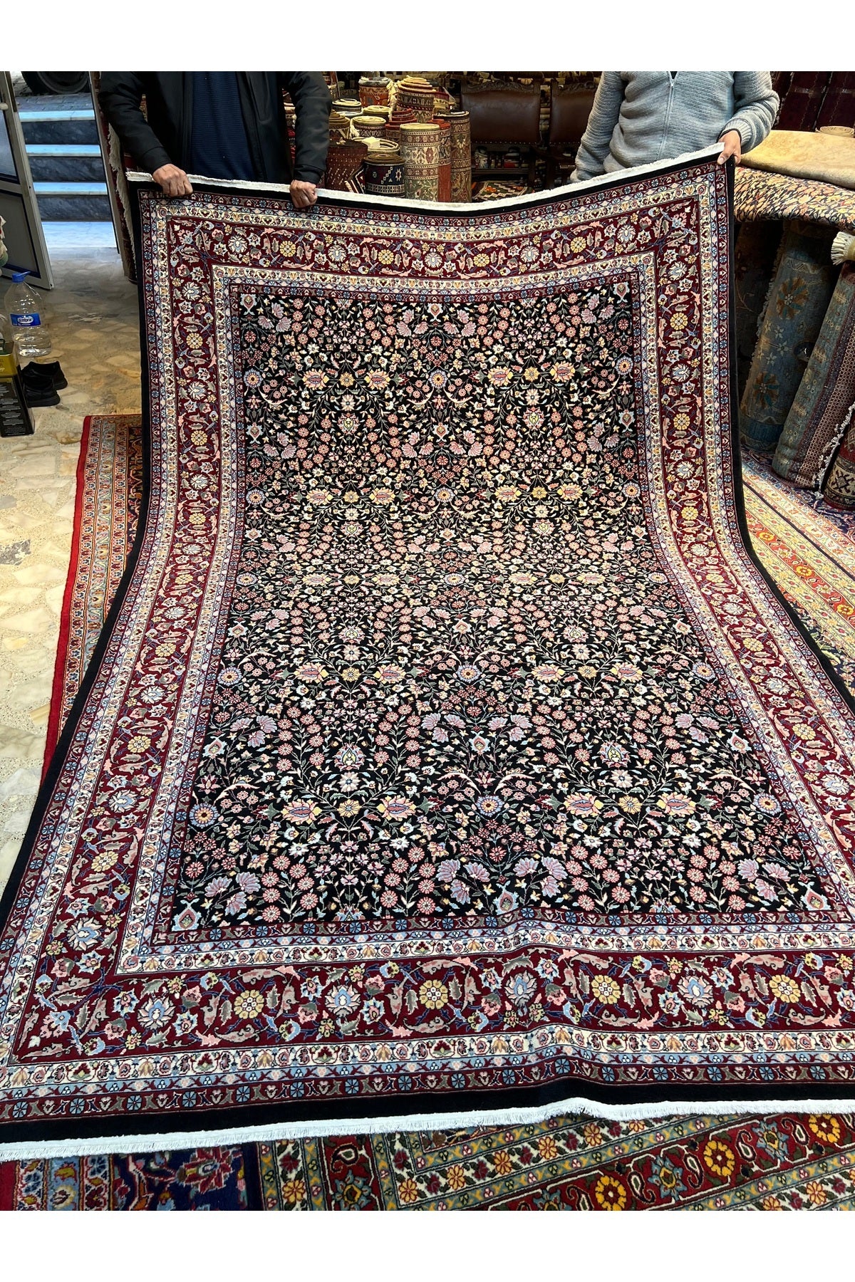 RD RAMAZAN DAG Hand Rug Art Hand-Woven Hereke Rug Signed Seven Mountains Flower Black Color Premium Quality Size 296x200 - MALLTURK