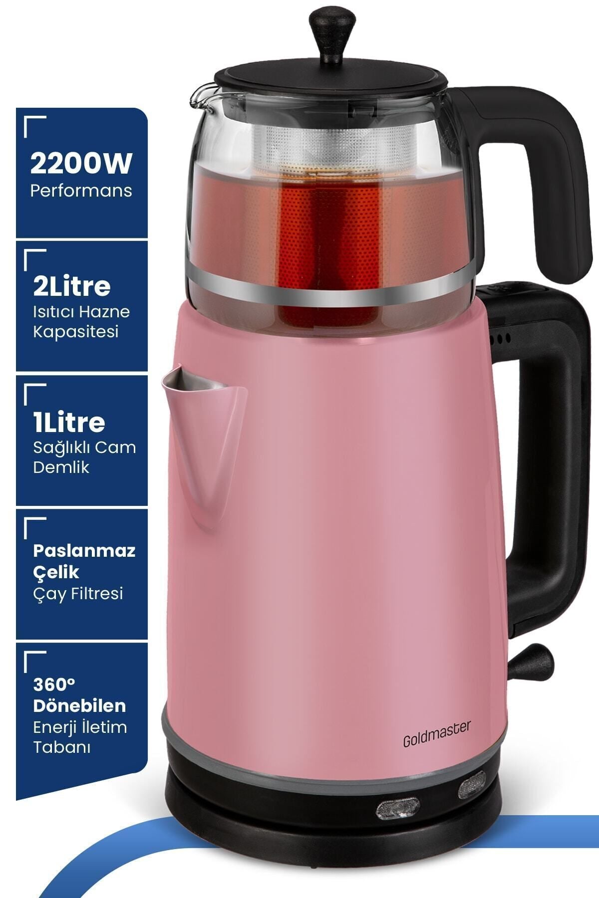 GoldMaster Dem Pearl Pink 2200 Watt XL Stainless Steel Tea Maker and Water Heater with Glass Pot - MALLTURK