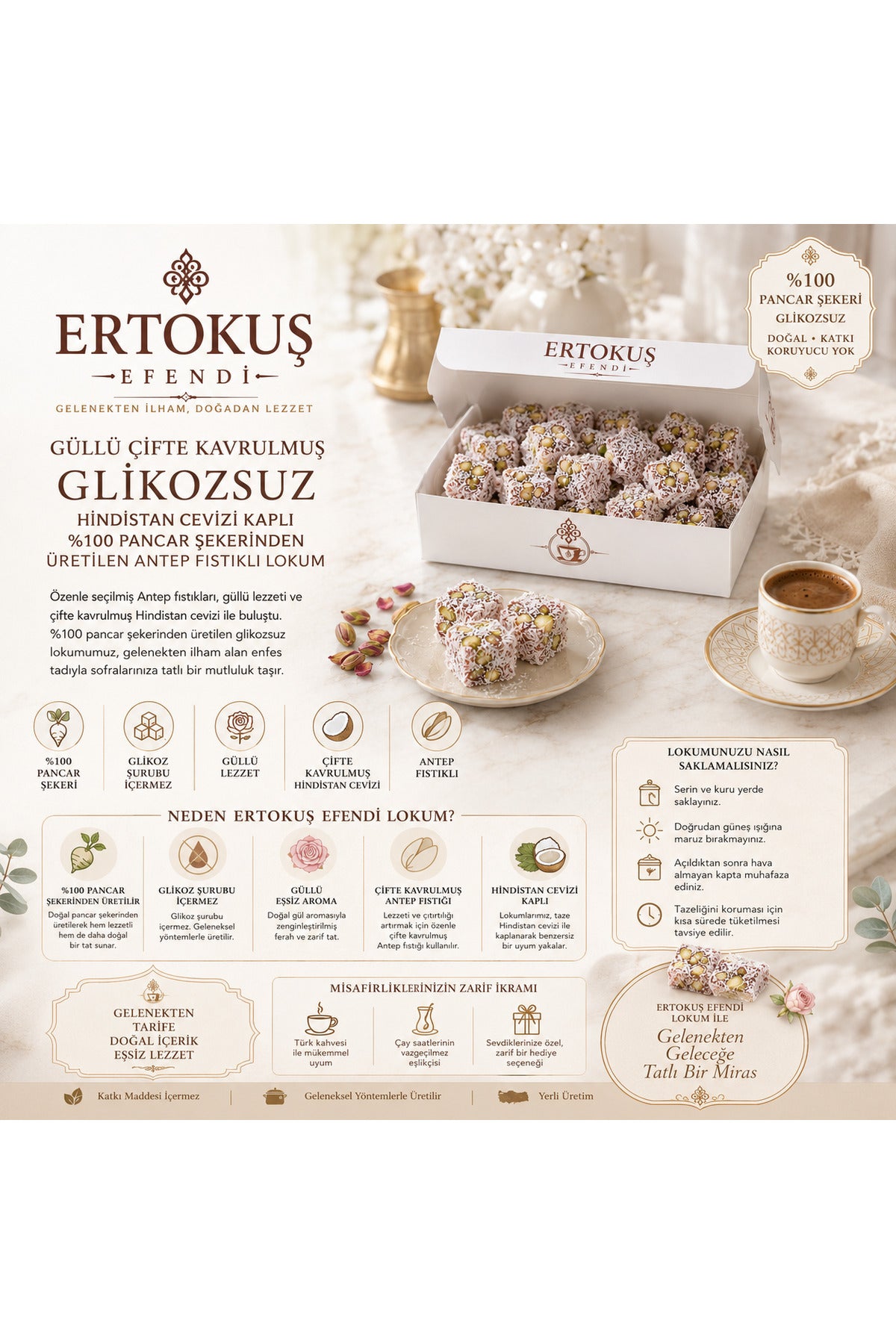 Ertokus Efendi isparta dogal Rose Flavored Extra Pistachio Turkish Delight 250 g Double Roasted 100 seker pancari - MALLTURK