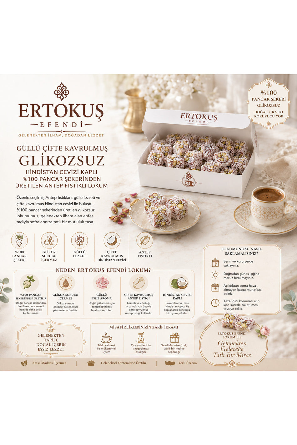 Ertokus Efendi isparta dogal Rose Flavored Extra Pistachio Turkish Delight 250 g Double Roasted 100 seker pancari - MALLTURK