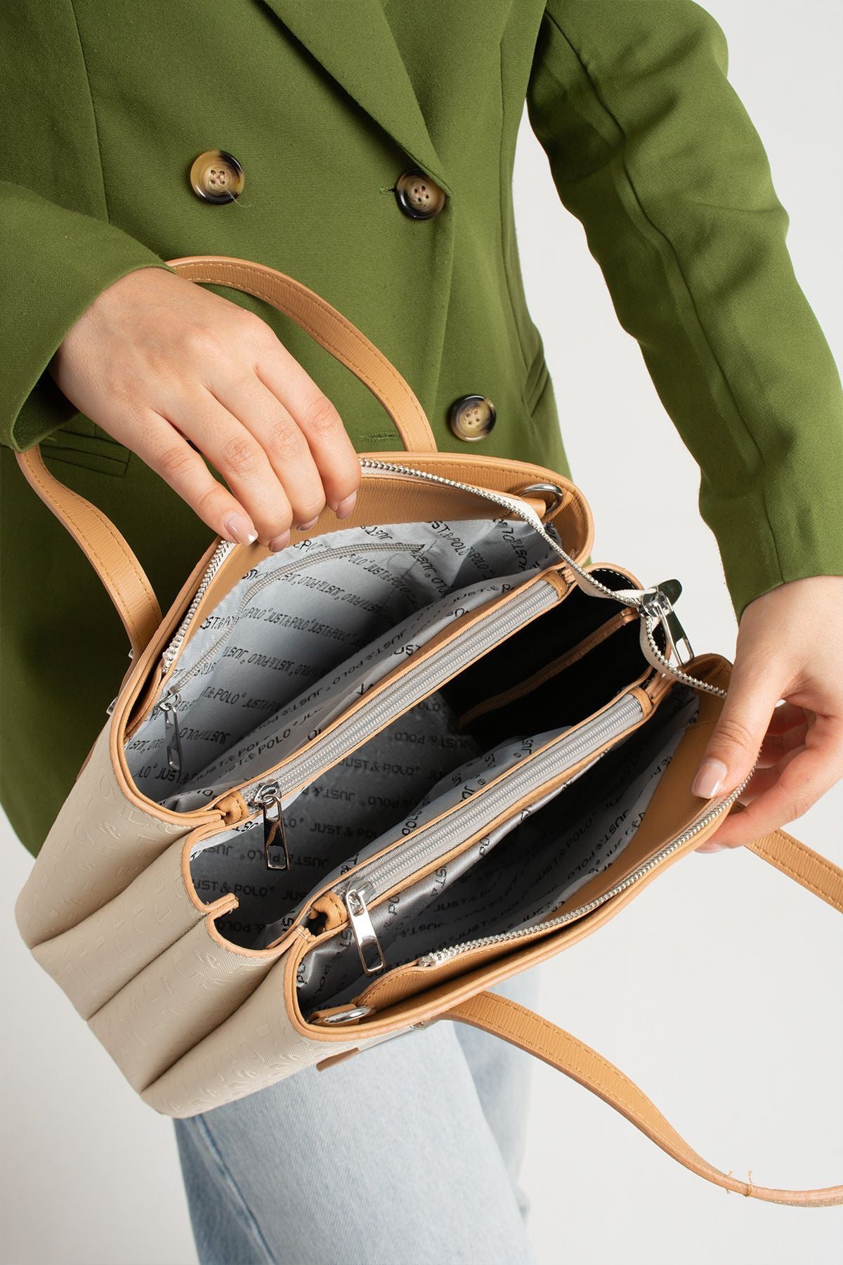 Just Polo Beige Women's Embossed Print Shoulder and Handbag with Long Adjustable Shoulder Strap 4030 - MALLTURK