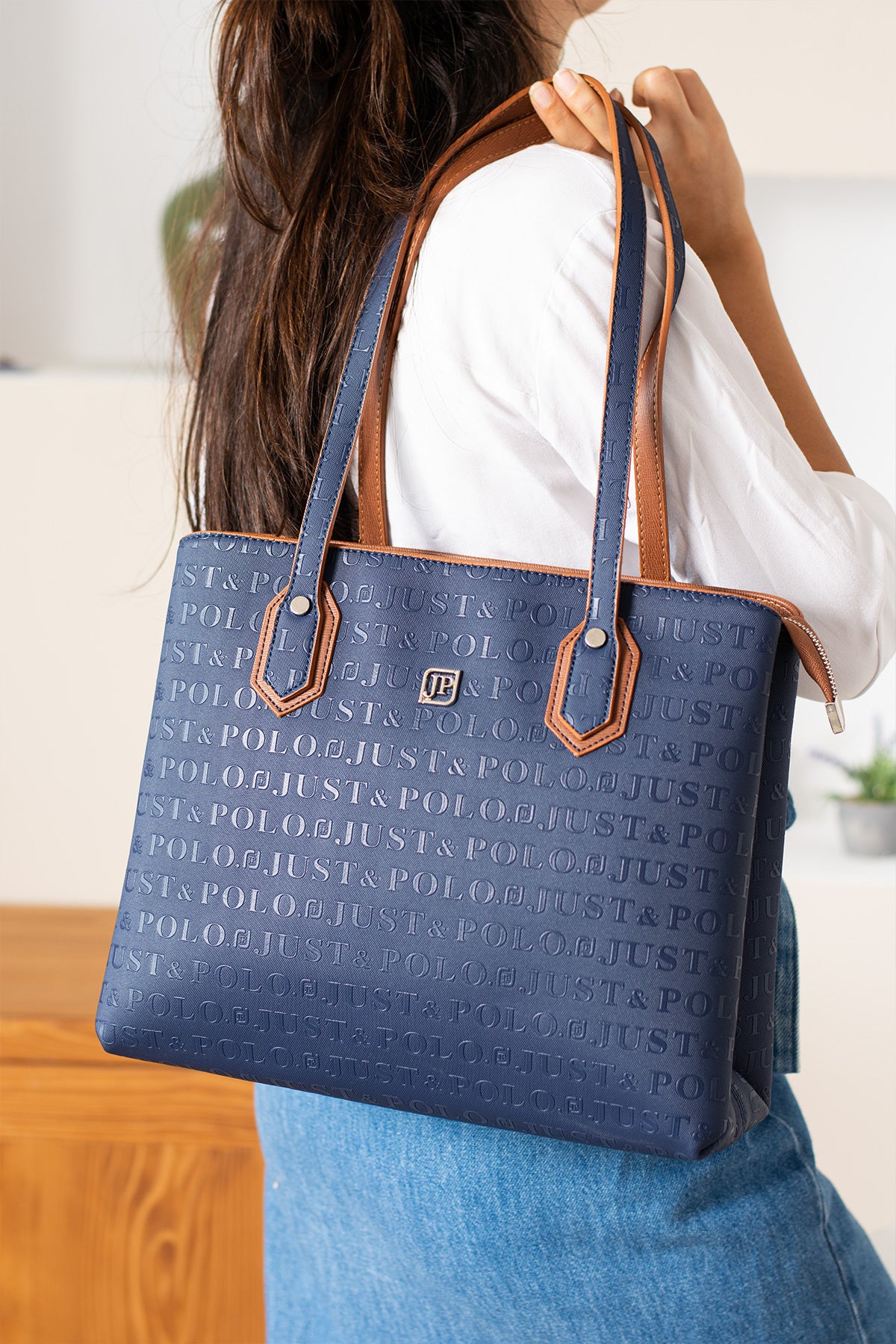 Just Polo Navy Blue and Tan Women's Shoulder Bag Jpmb4028 - MALLTURK