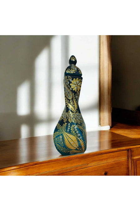 Sema ceramic handcrafted turquoise 30 cm vase with gold gilding decoration. - MALLTURK