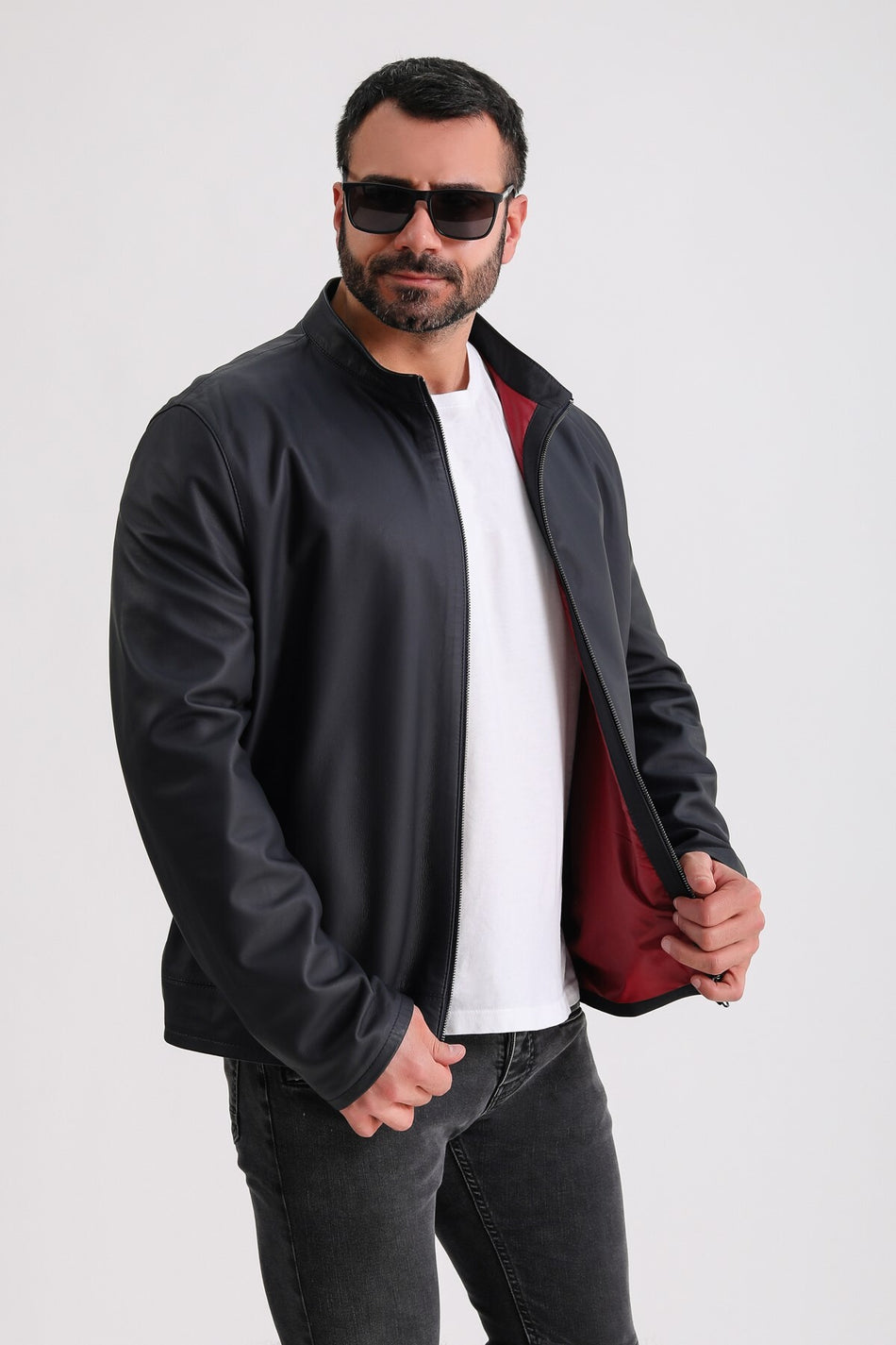 Giacca reversibile in taffetà blu navy e rossa in pelle Leather Club