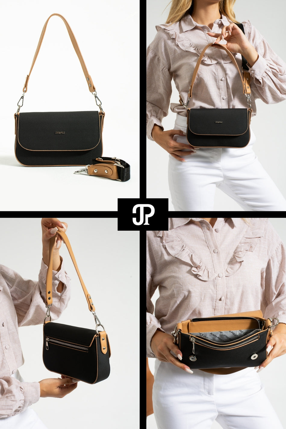 Just Polo Original Women's Mini Special Design Luxury Soft Leather Adjustable Crossbody Shoulder Bag Black Tan - MALLTURK