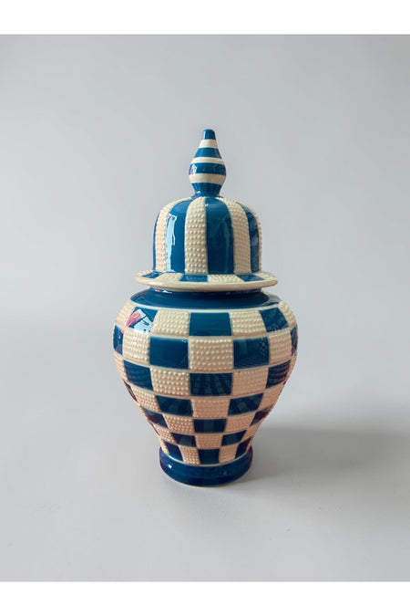 YOOS Handmade Wheelwork 25cm Kutahya Ceramic Checkered Shah Cube Ceramic Vase Blue - MALLTURK