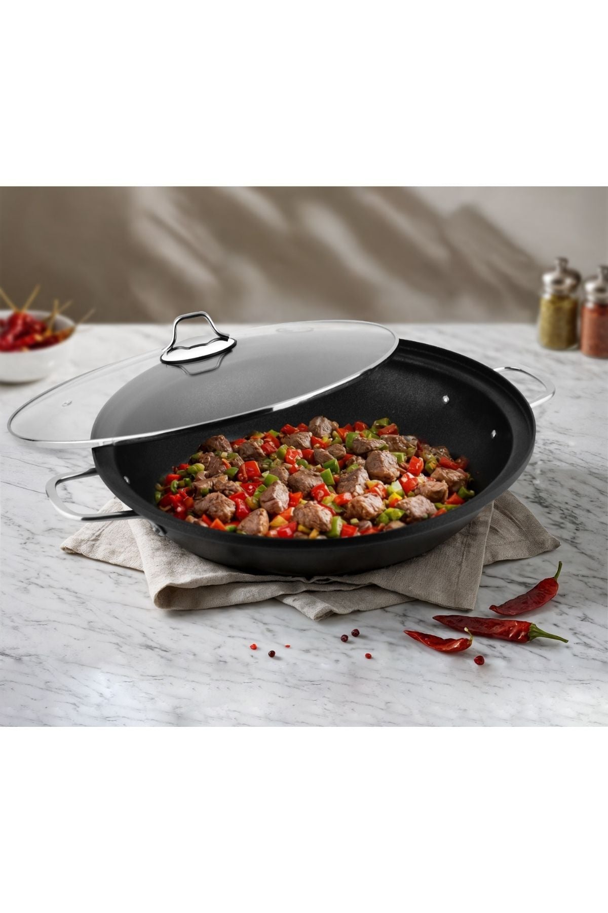 Lines Cam with Lid Granite Cast Kavurma Tenceresi Nonstick Yuzey, Derin Genis Hacim, Esit Isi Dagilimi, Dayanikli & Uzun Omurlu