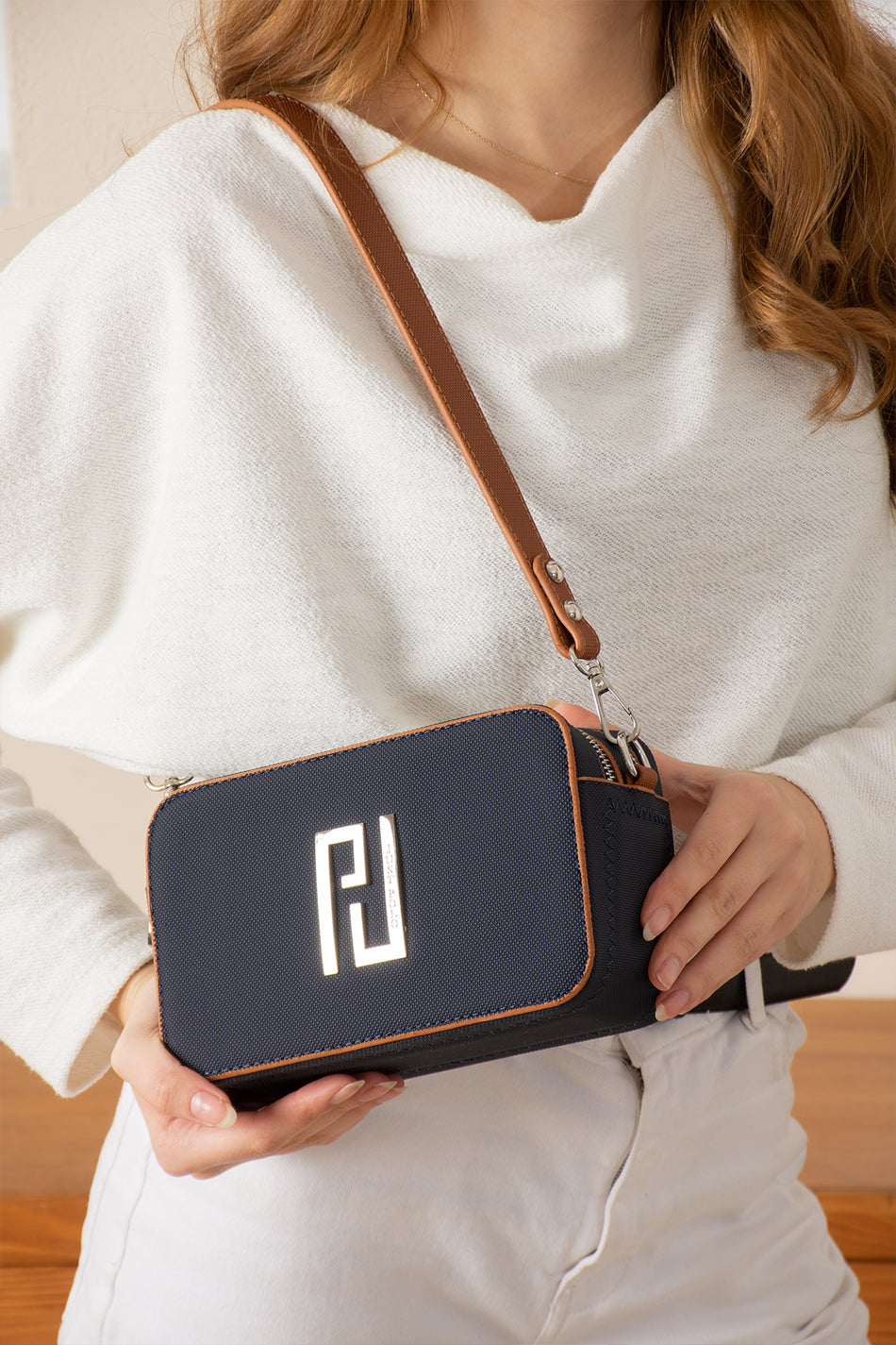 Just Polo Navy Blue and Tan Women's Shoulder and Handbag - MALLTURK