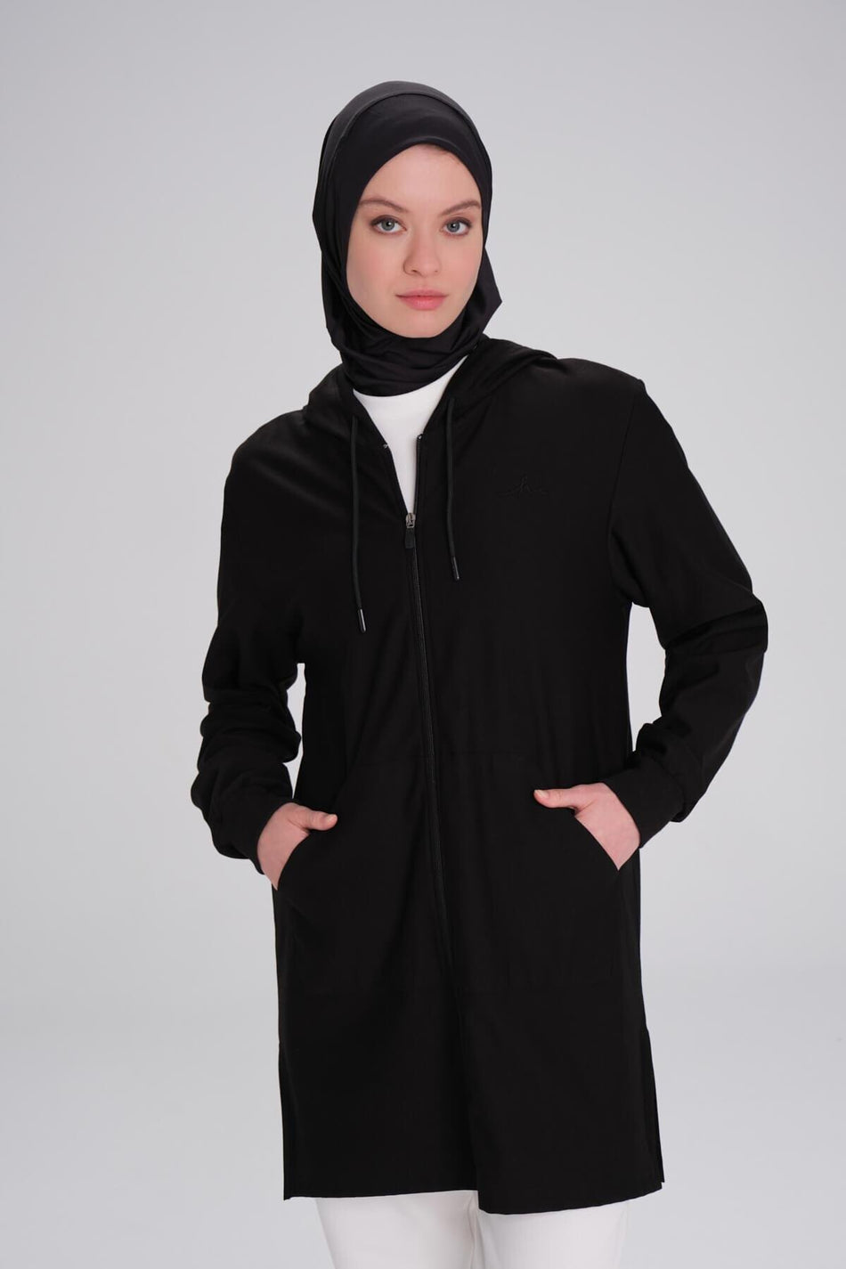 Hasema Soft Textured Raglan Hooded Zippered Black Basic Casual Sweatshirt ACT-12