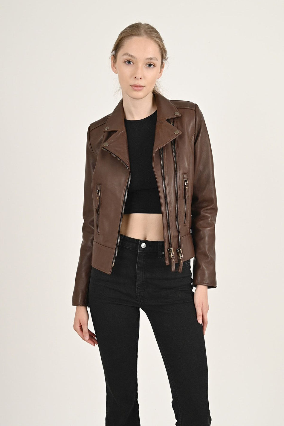 ALIN Liberty Women's Genuine Leather Biker Jacket Brown