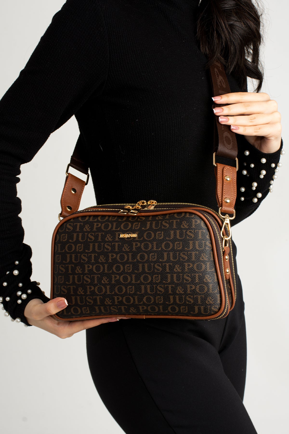 Just Polo Brown Original Women's New Season 5-Compartment Luxury Soft Leather Adjustable Crossbody Shoulder Bag - MALLTURK