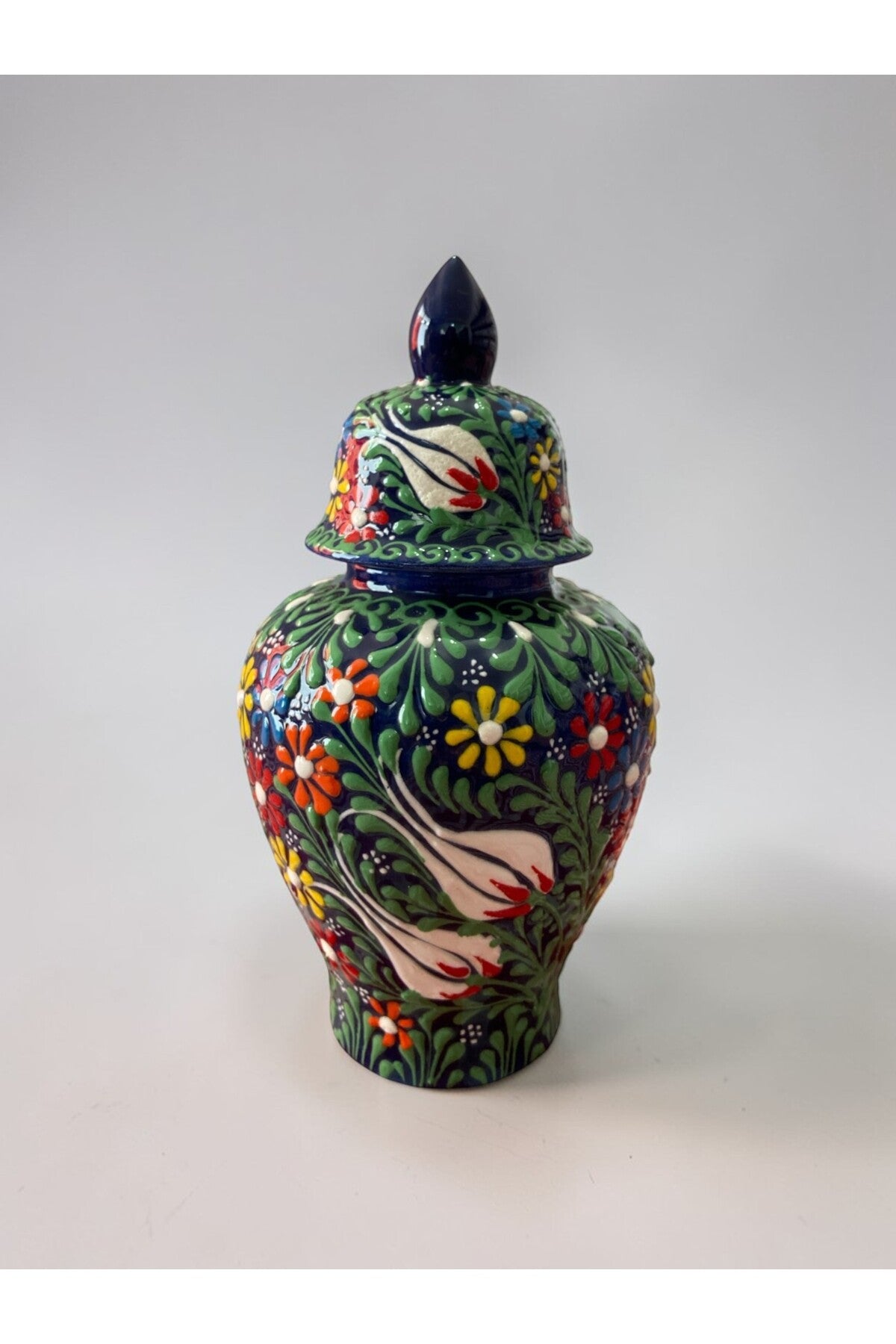 YOOS Handmade 25cm Embossed and Lace Work Navy Blue Shah Cube Ceramic Vase - MALLTURK
