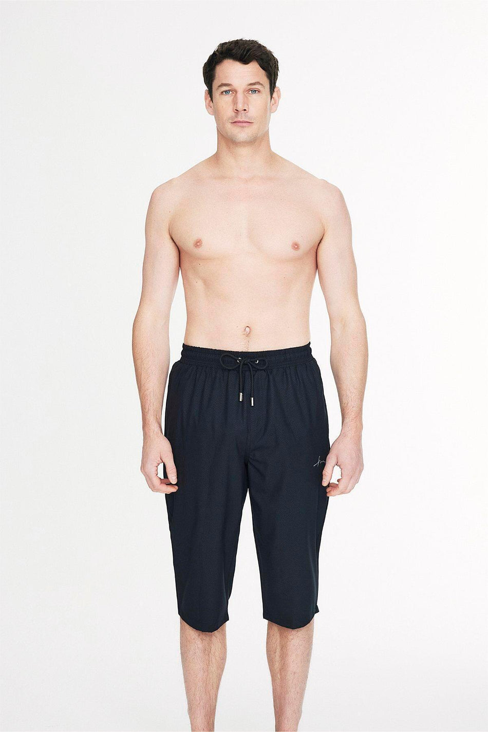 Men's Black Long Swim Shorts with Textured Geometric Pattern, 6013