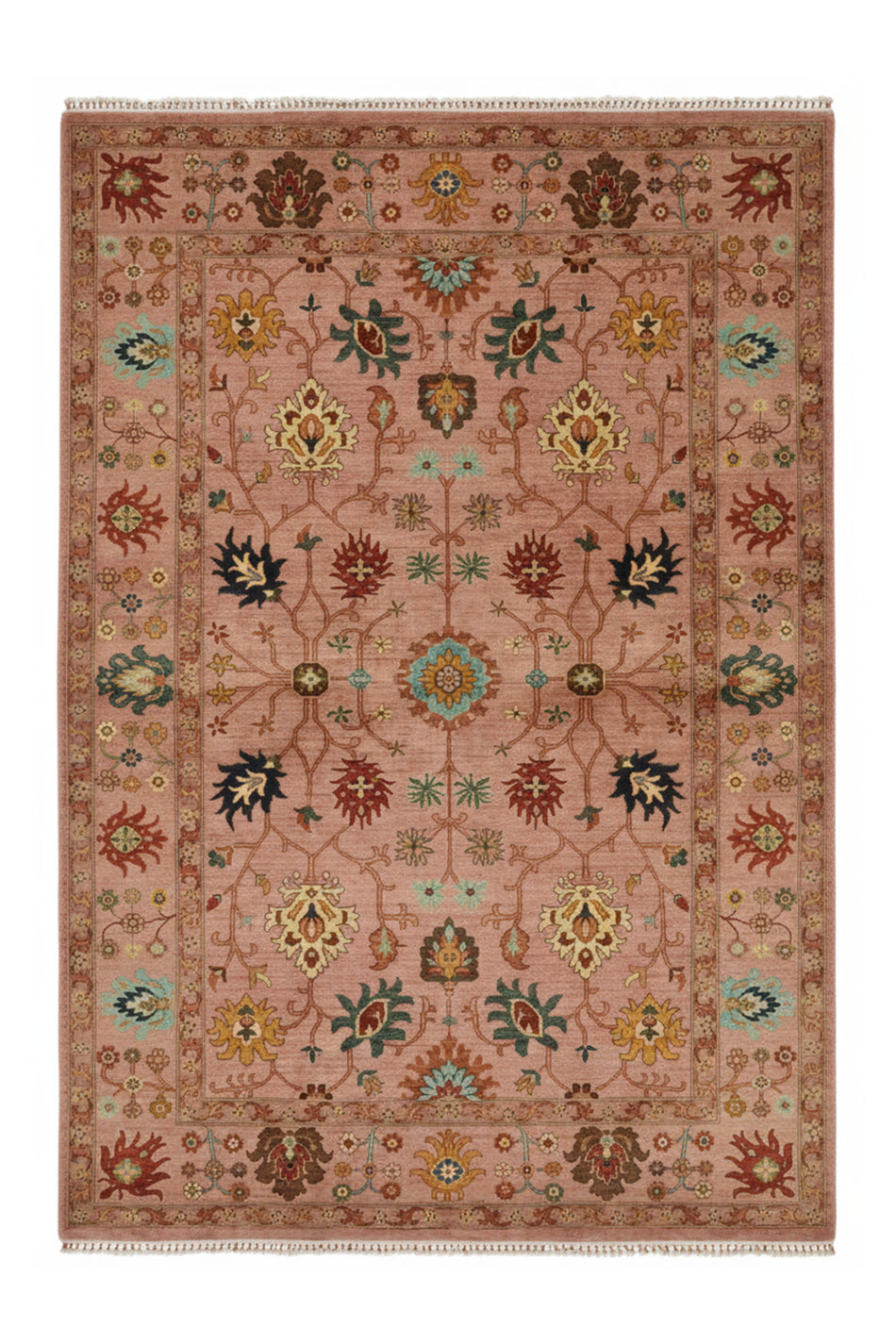 Vog Sultani Handmade Pink Anatolian Motif Patterned Fringed Modern and Traditional Living Room Rug - MALLTURK
