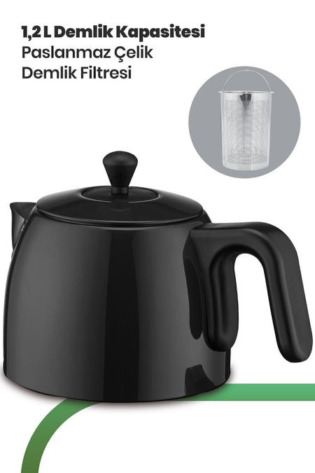 GoldMaster Fulya Black 30-Cup Large Capacity 2200 Watt Stainless Steel Tea Maker and Water Kettle - MALLTURK