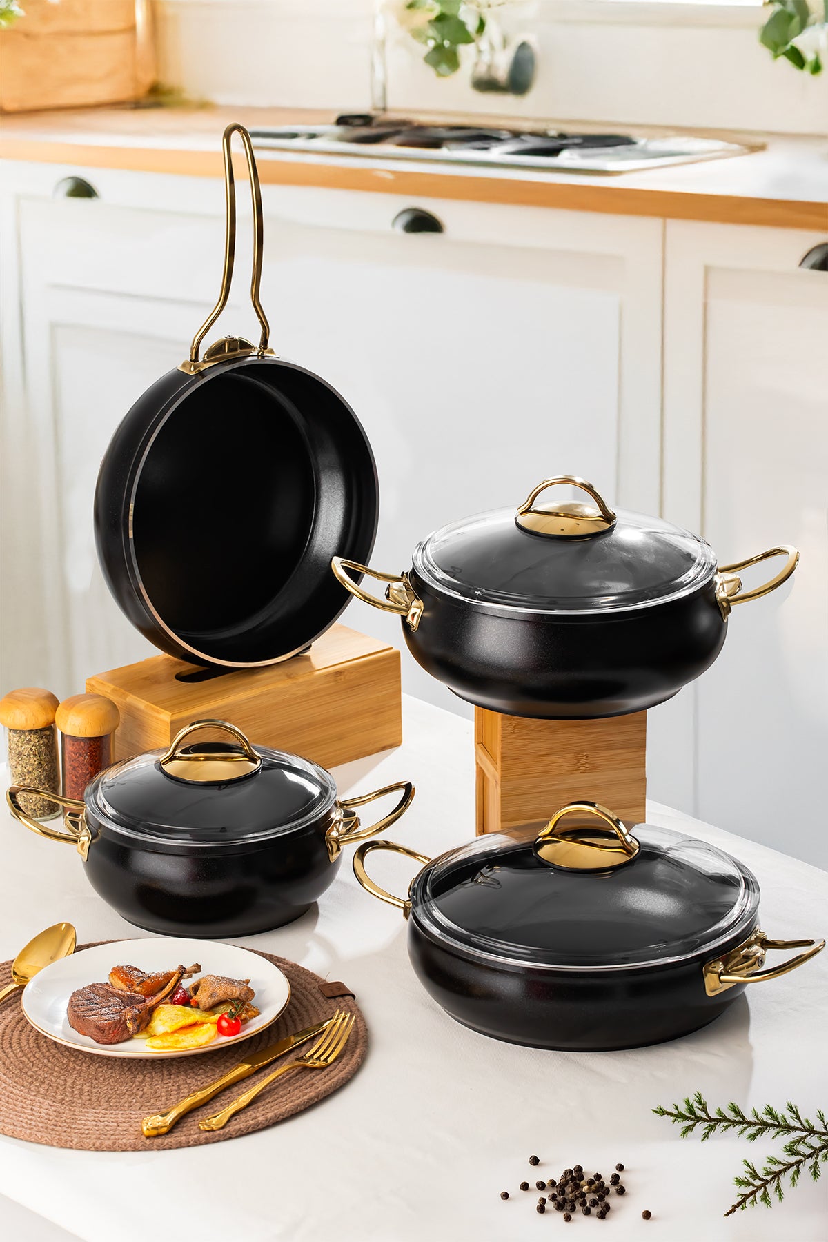 Lines L-5094 Yonca Guvec 7 Piece Kure Cookware Set Altin Kulp