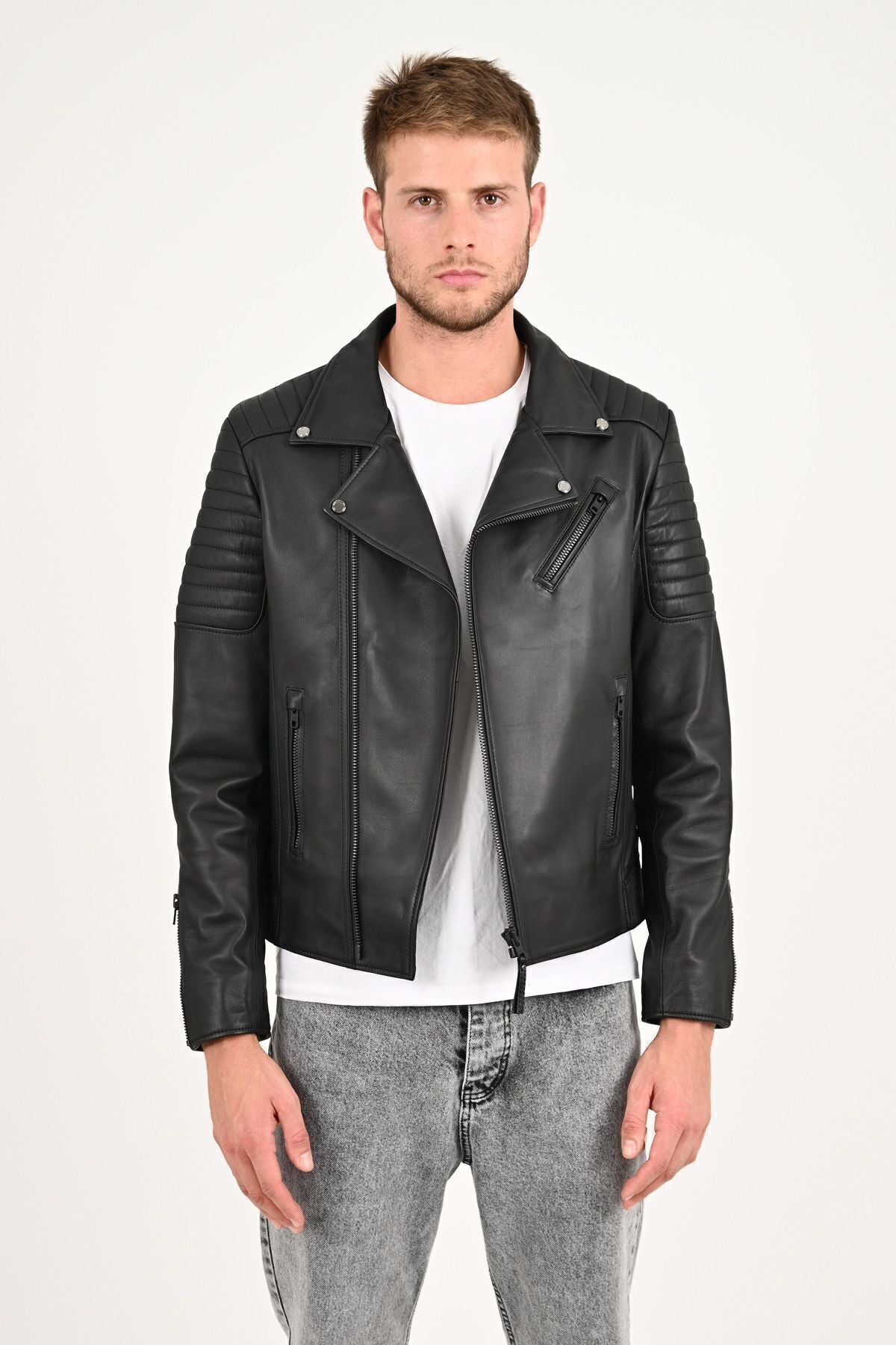 ALIN Echo Men's Genuine Leather Biker Leather Jacket Black - MALLTURK