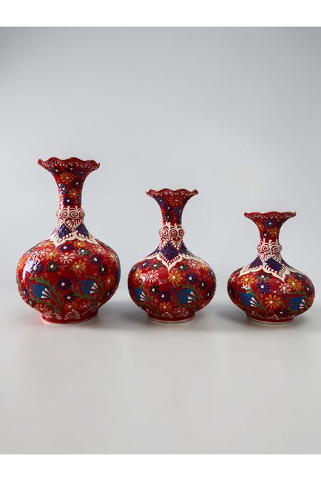 YOOS Handmade Embossed and Lace Work Flower Motif Red Triple Ceramic Lettuce Vase Set (30-25-20)cm - MALLTURK