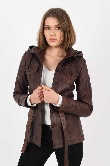 ALIN Sansa Women's Genuine Leather Hooded Belted Leather Jacket Brown - MALLTURK