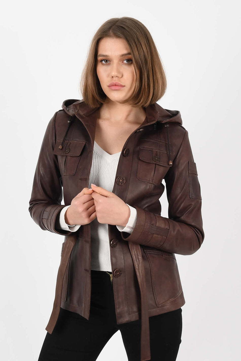 ALIN Sansa Women's Genuine Leather Hooded Belted Leather Jacket Brown